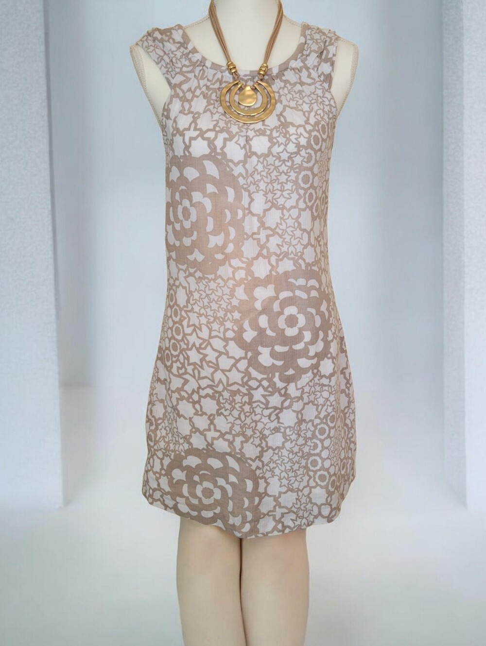Trina Turk Sleeveless Sheath Dress Taupe and White with Metallic Thread Details